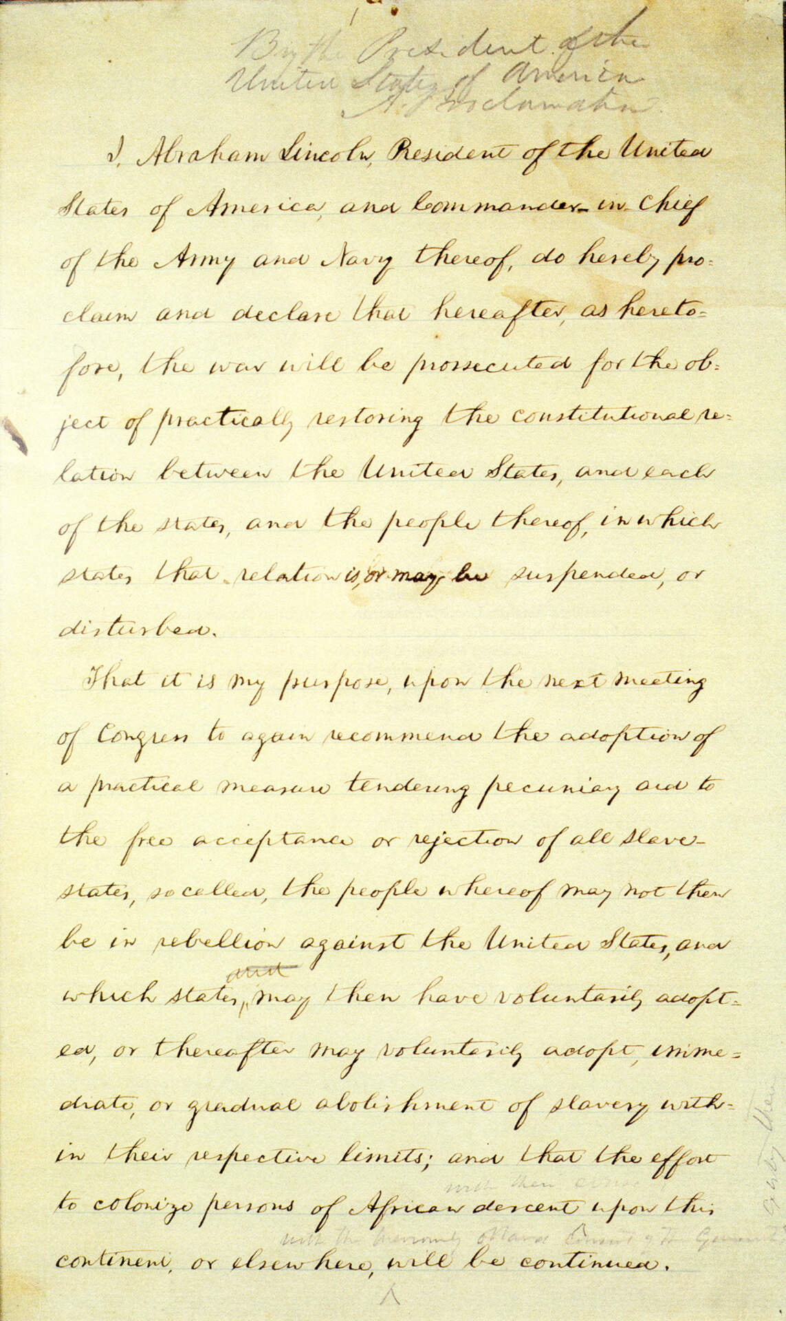 The First Step to Freedom: Abraham Lincoln’s Preliminary Emancipation Proclamation