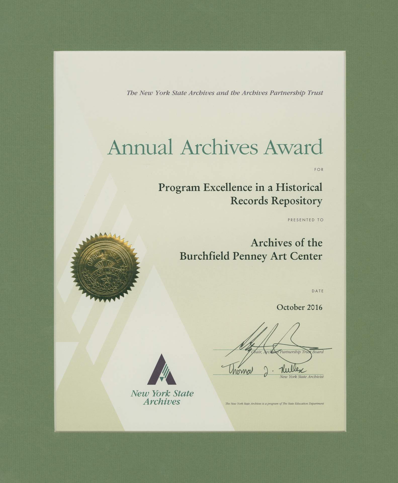 Archives of the Burchfield Penney Art Center Wins State Archives Award
