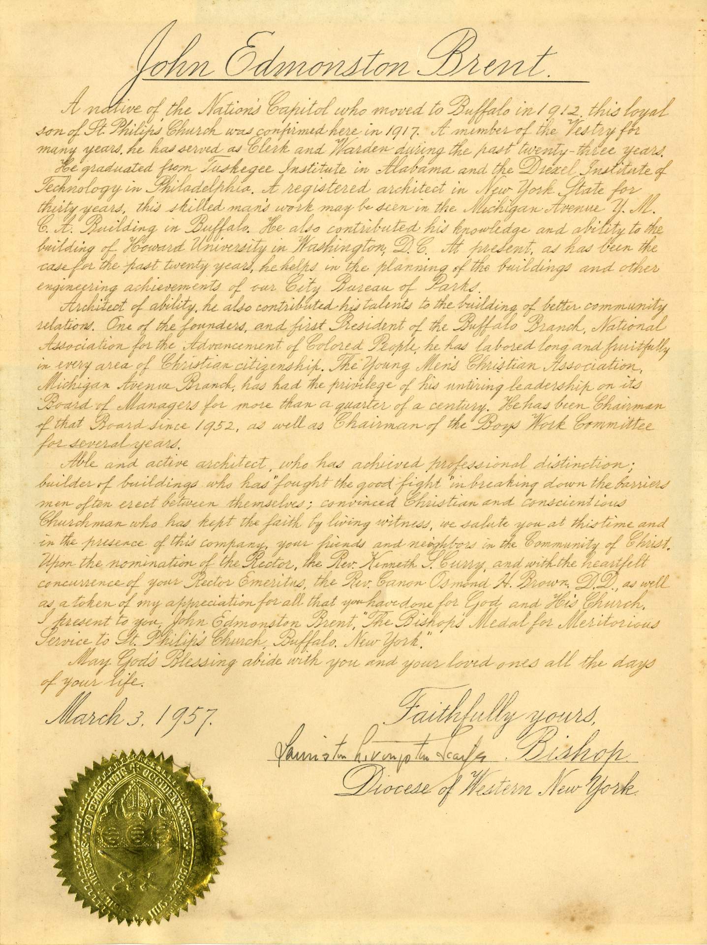 John Edmonston Brent (Hand-written proclamation of his achievements acknowledged by the Bishop of the Diocese of Western New York)