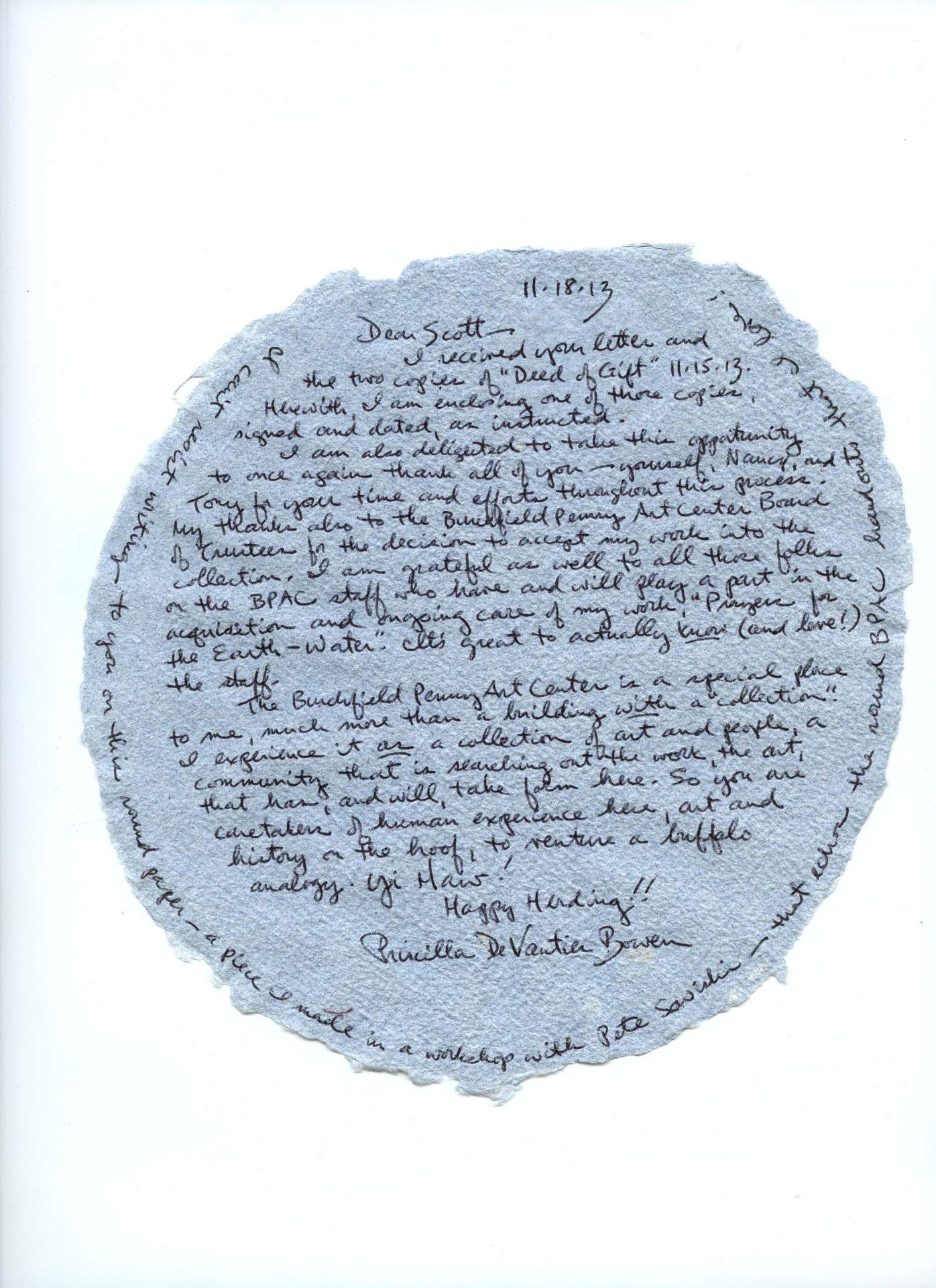 [Letter from Priscilla Bowen to Scott Propeack at the Burchfield Penney on paper she made]