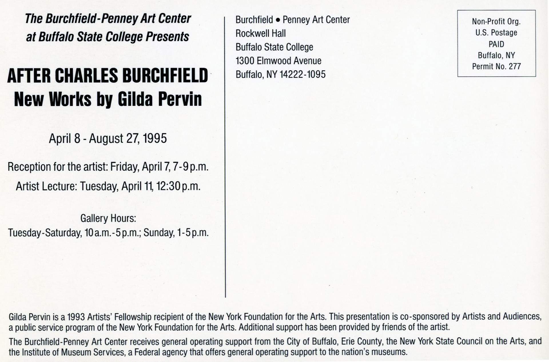 "After Charles Burchfield: New Works by Gilda Pervin" invitation postcard