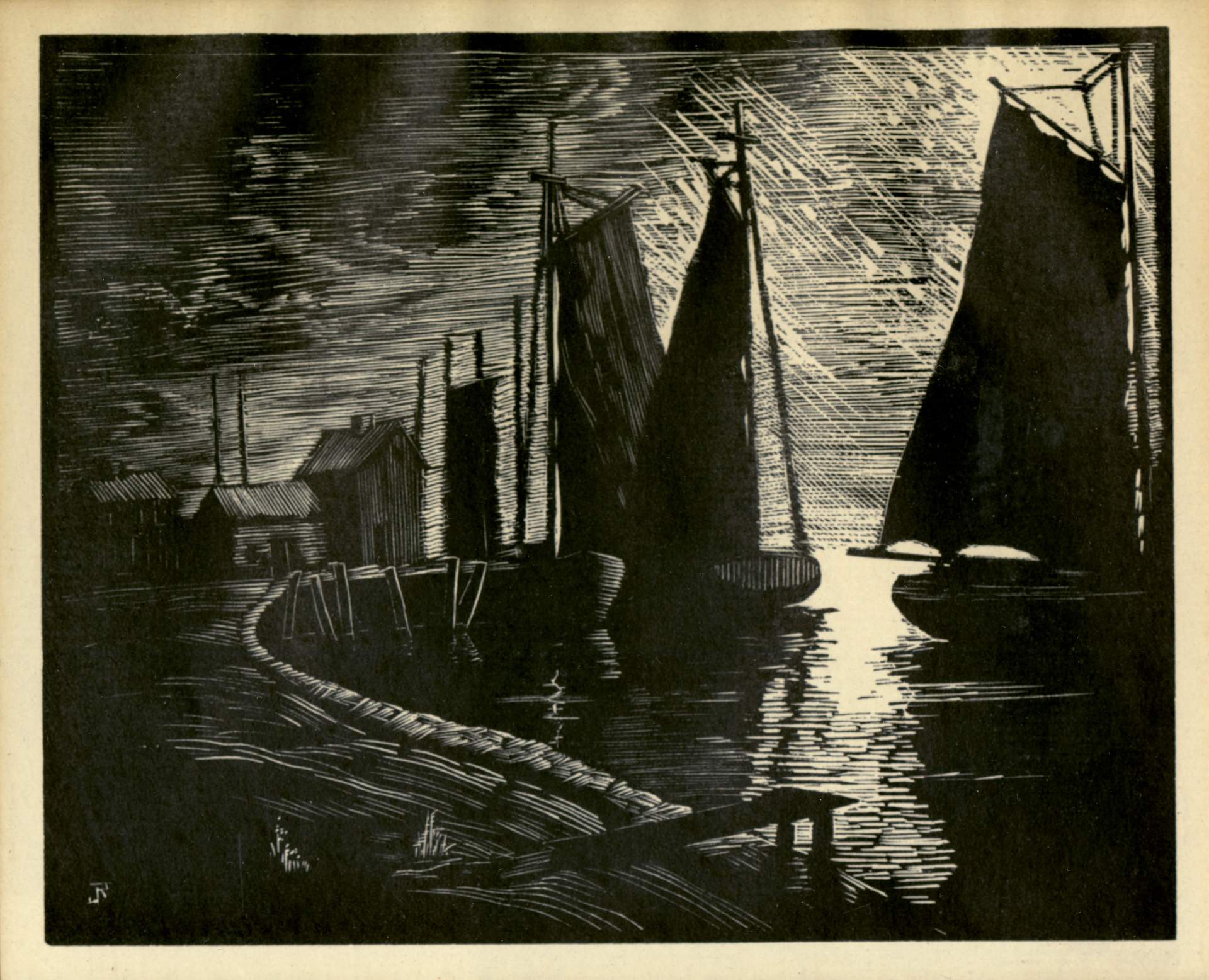 Title unknown [Harbor scene with sailboats and buildings]