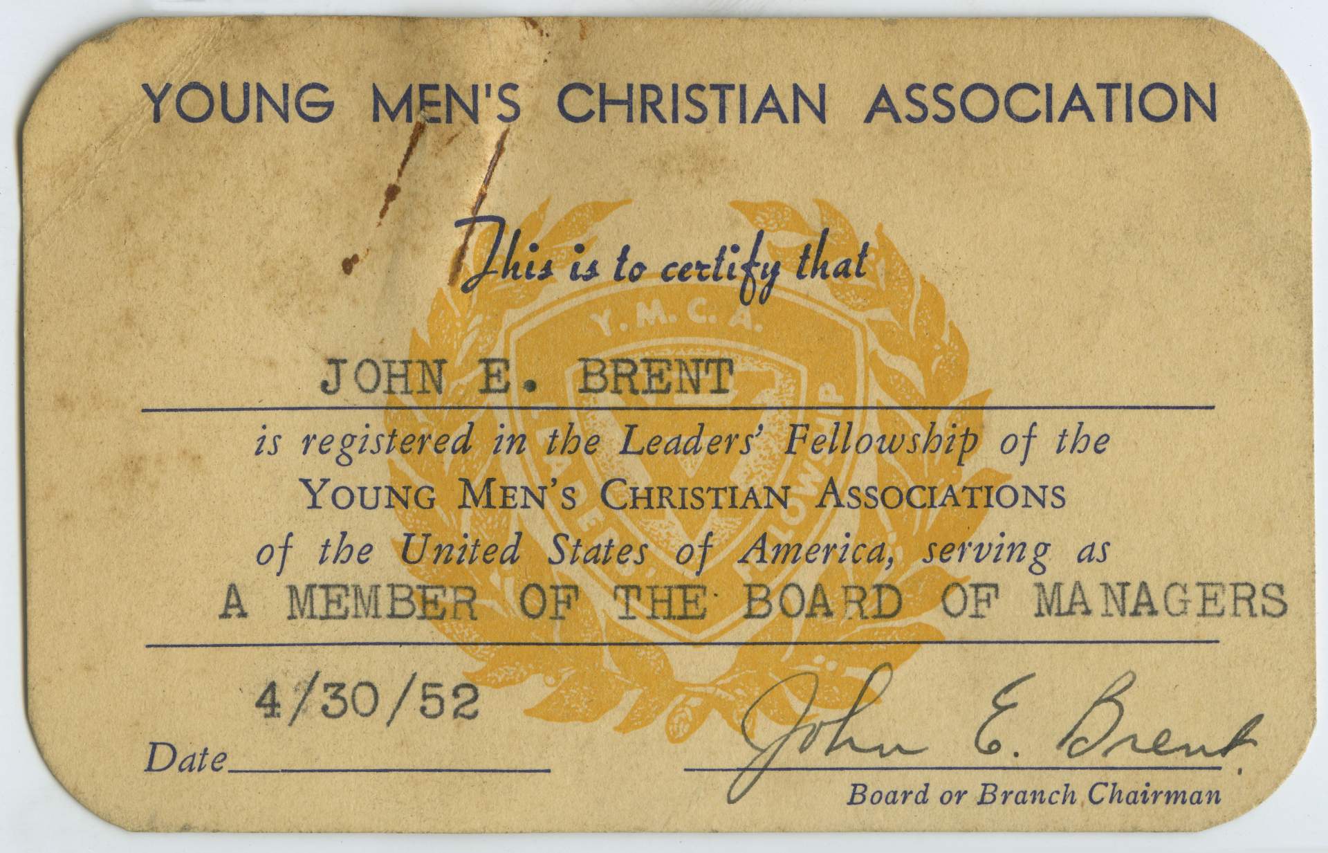 Young Men’s Christian Association, Member of the Board of Managers Card