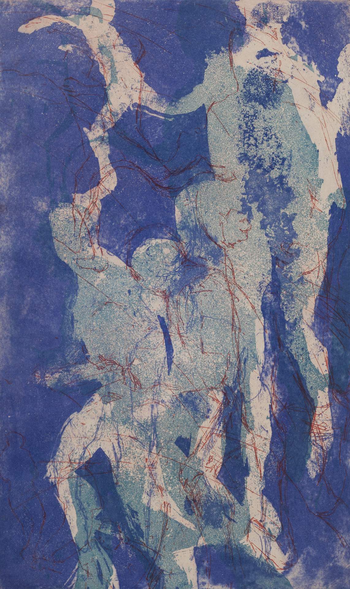 Untitled (figures in blue, aqua, pink, red line)