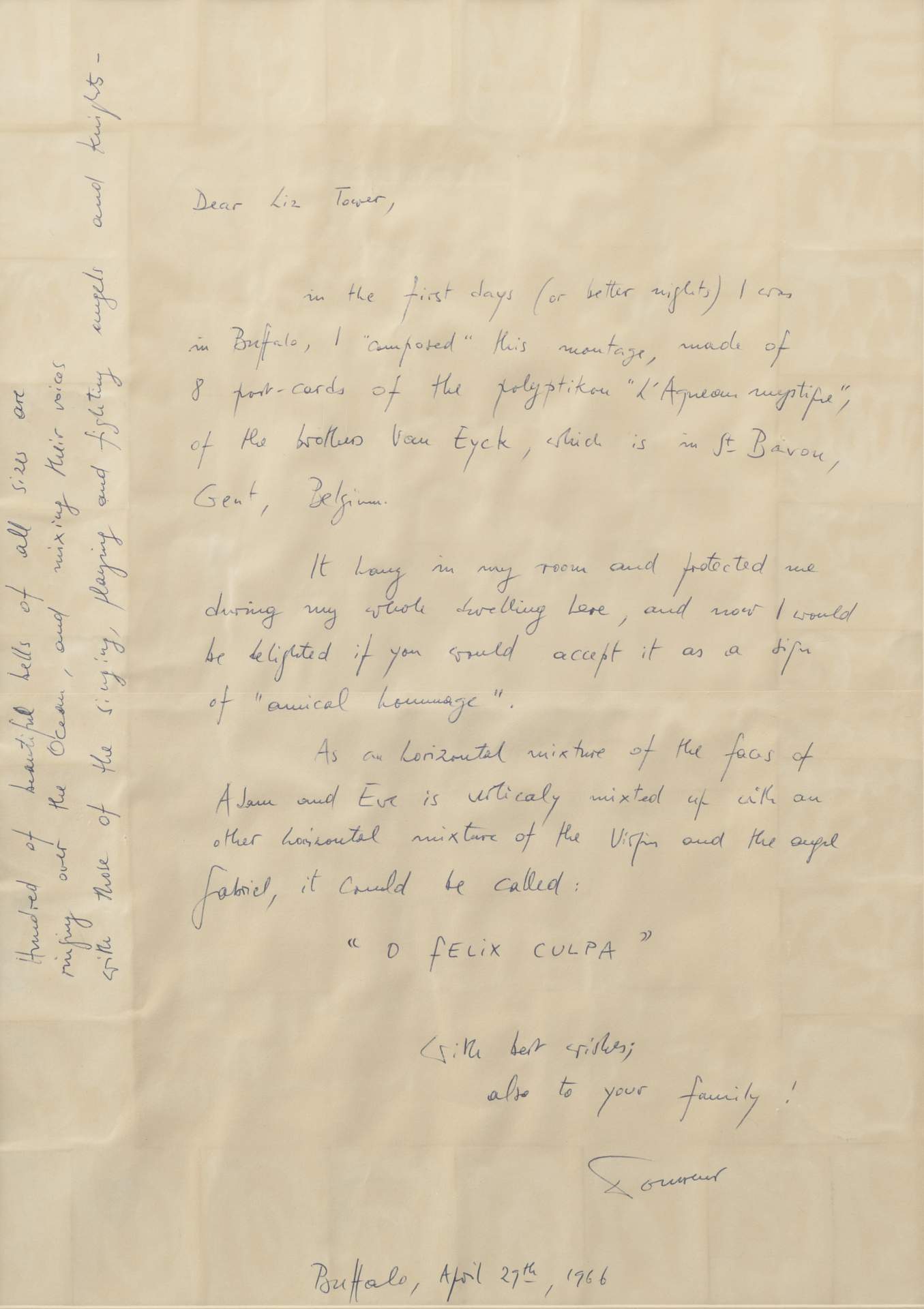 Letter to Liz Tower (back of "O Felix Culpa")