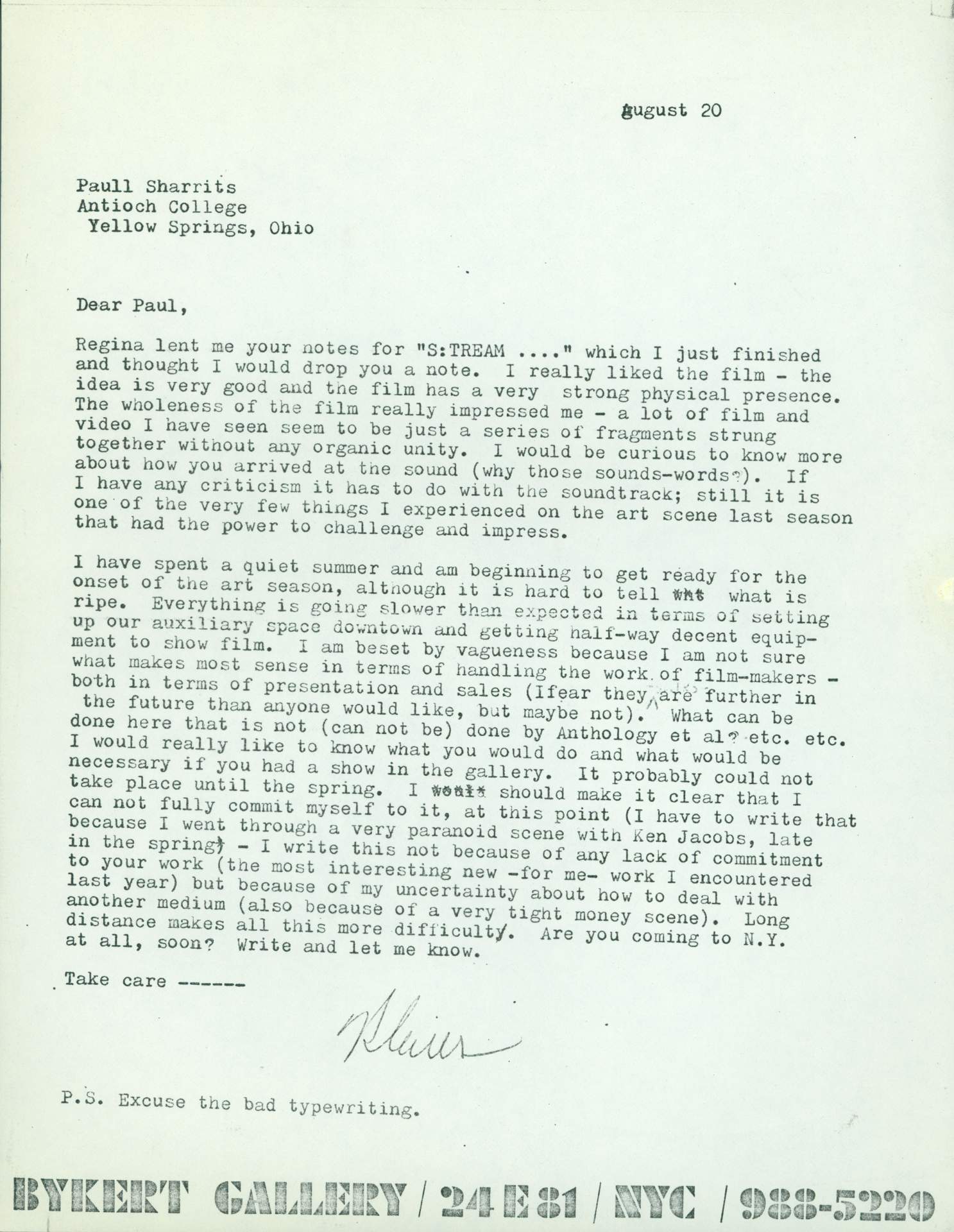 Untitled ( letter from Klaus Kertess, head of the Bykert Gallery)