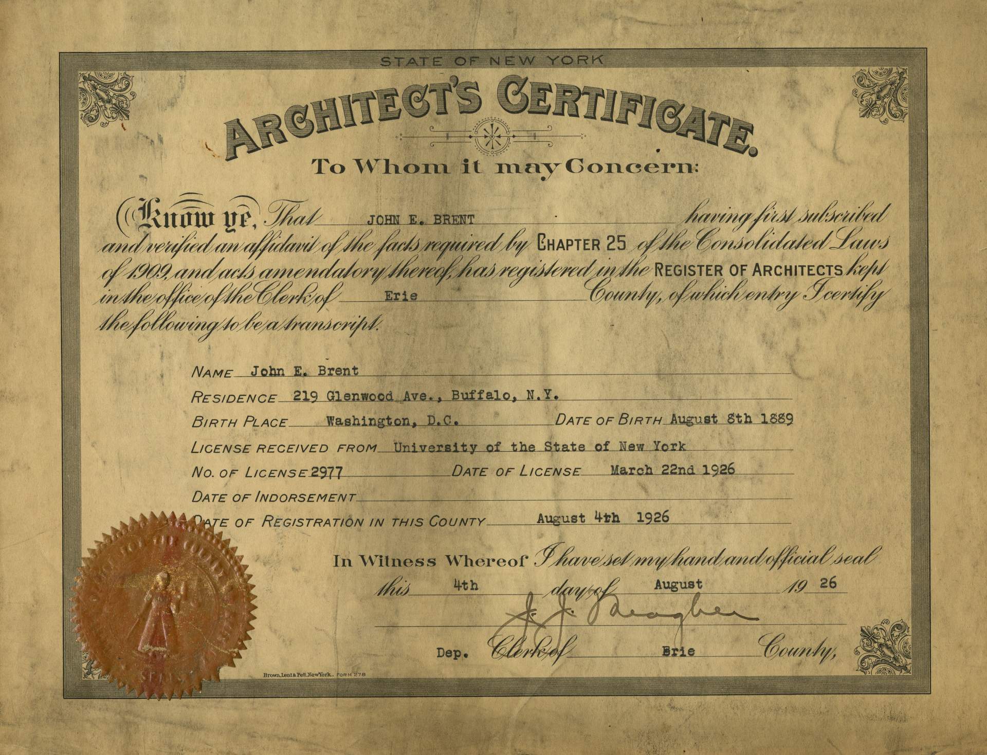 State of New York Architect’s Certificate