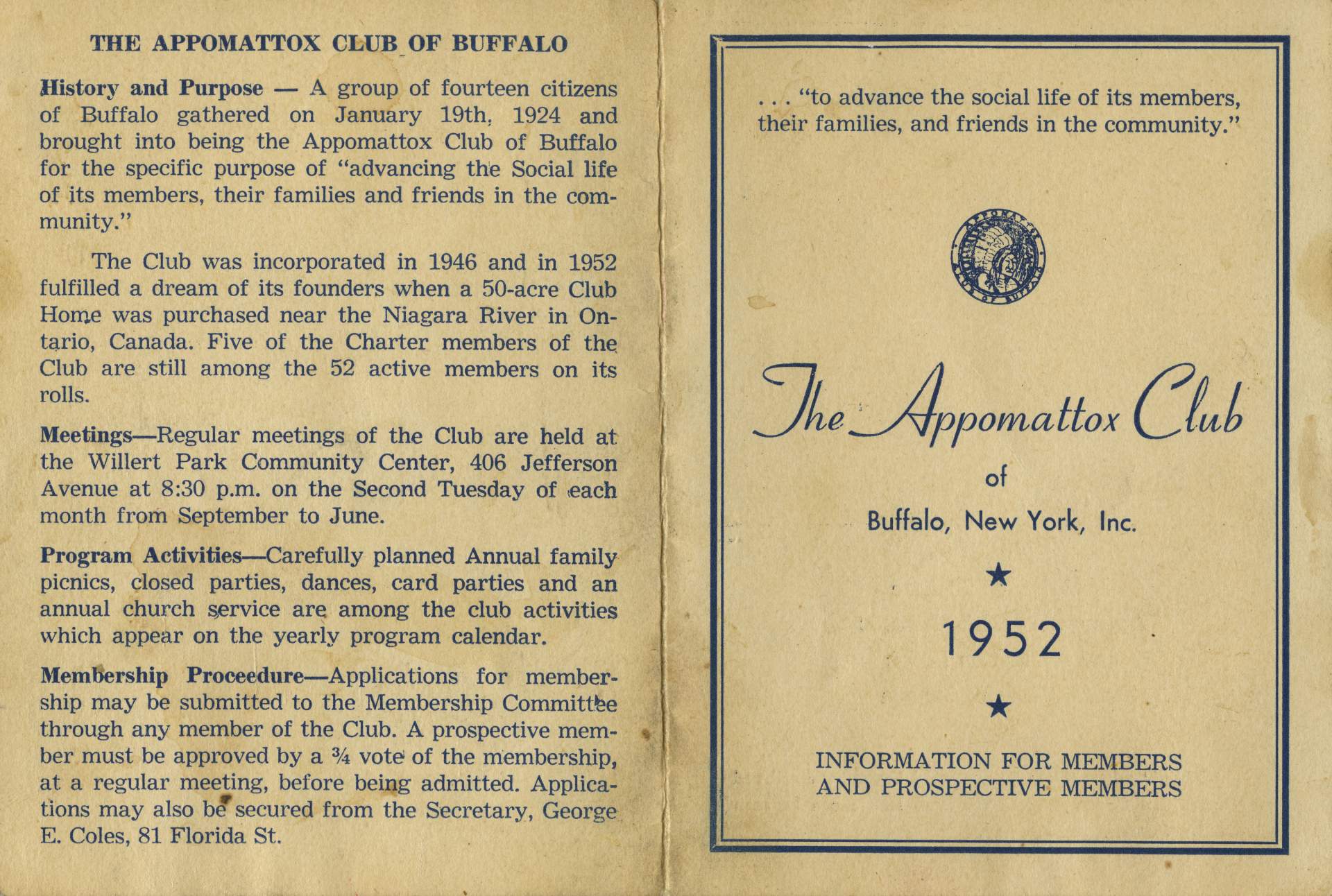 The Appomattox Club of Buffalo, Information brochure