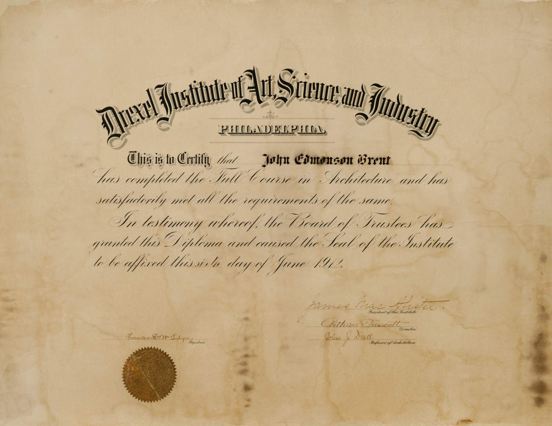 Drexel Institute of Art, Science and Industry diploma