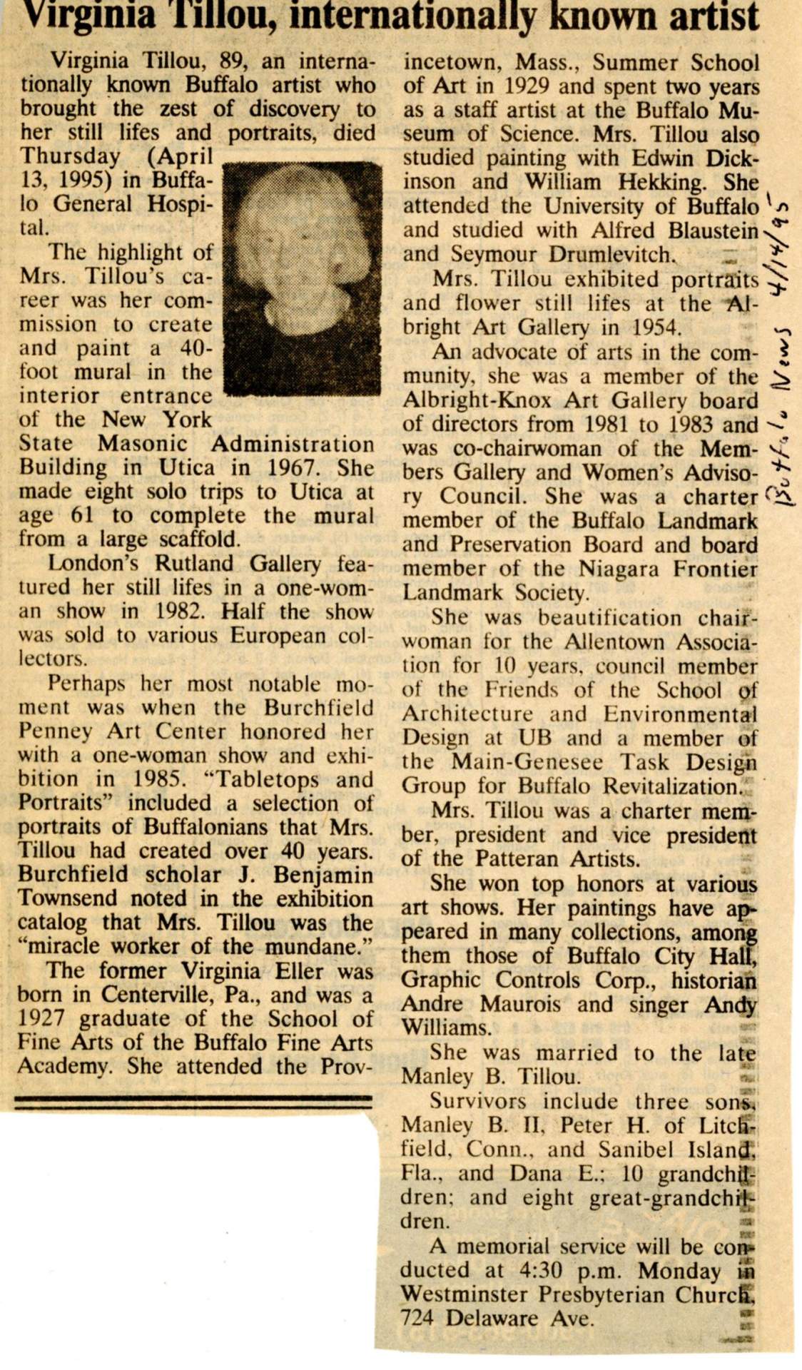 Virginia Tillou, Internationally Known Artist [Buffalo News 4/14/95]