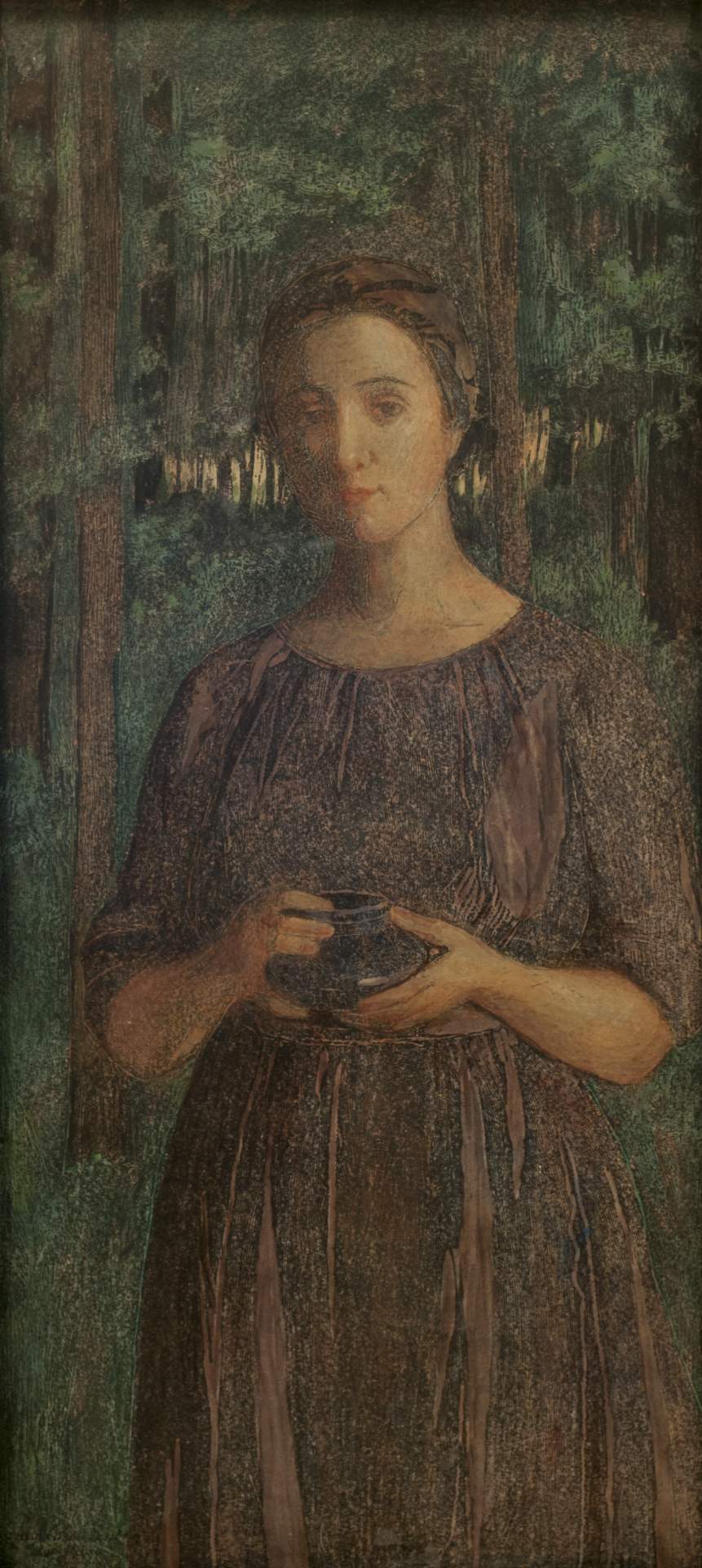 Untitled [Portrait of a woman in the woods holding a vessel]