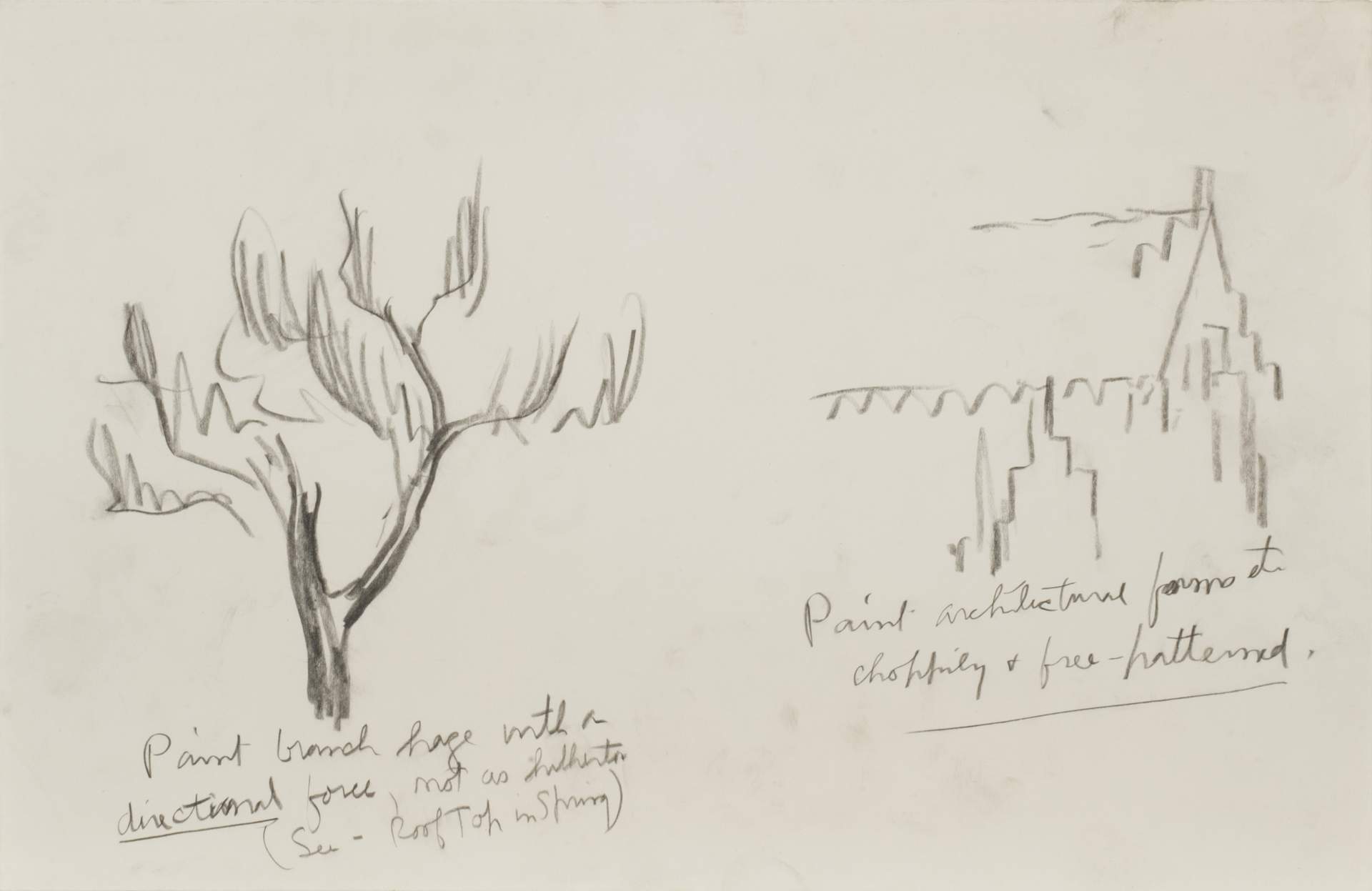 Untitled study with notation, "Paint branch haze with a directional force, not as hitherto (See - Untitled Roof Top in Spring)