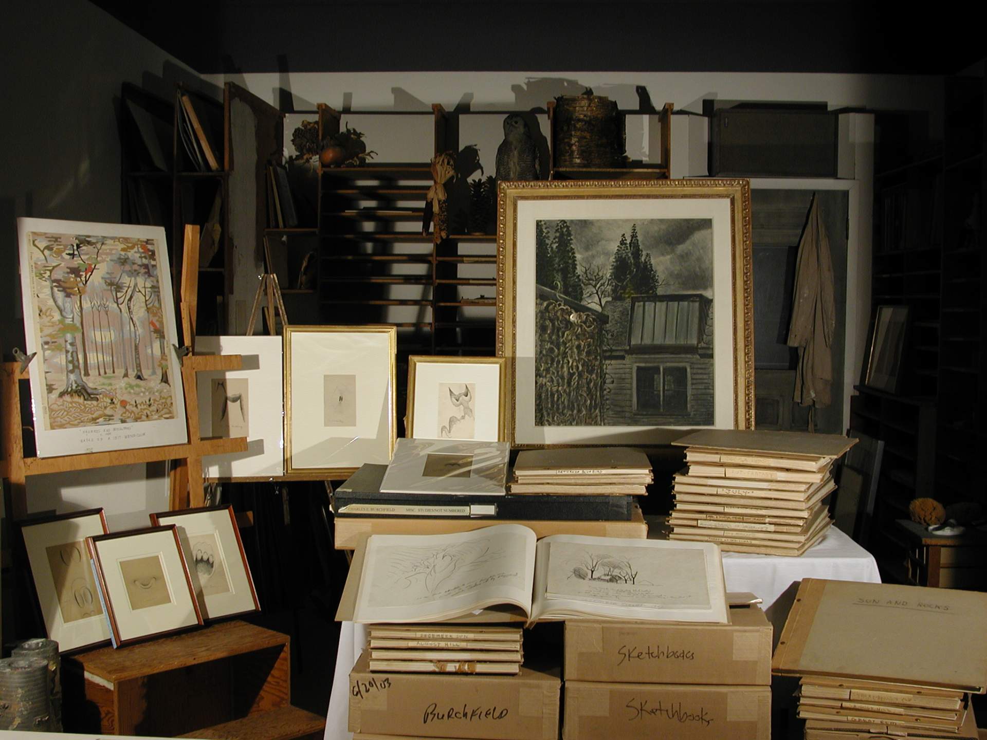 Photograph of Burchfield's sketches and works in the recreated Studio