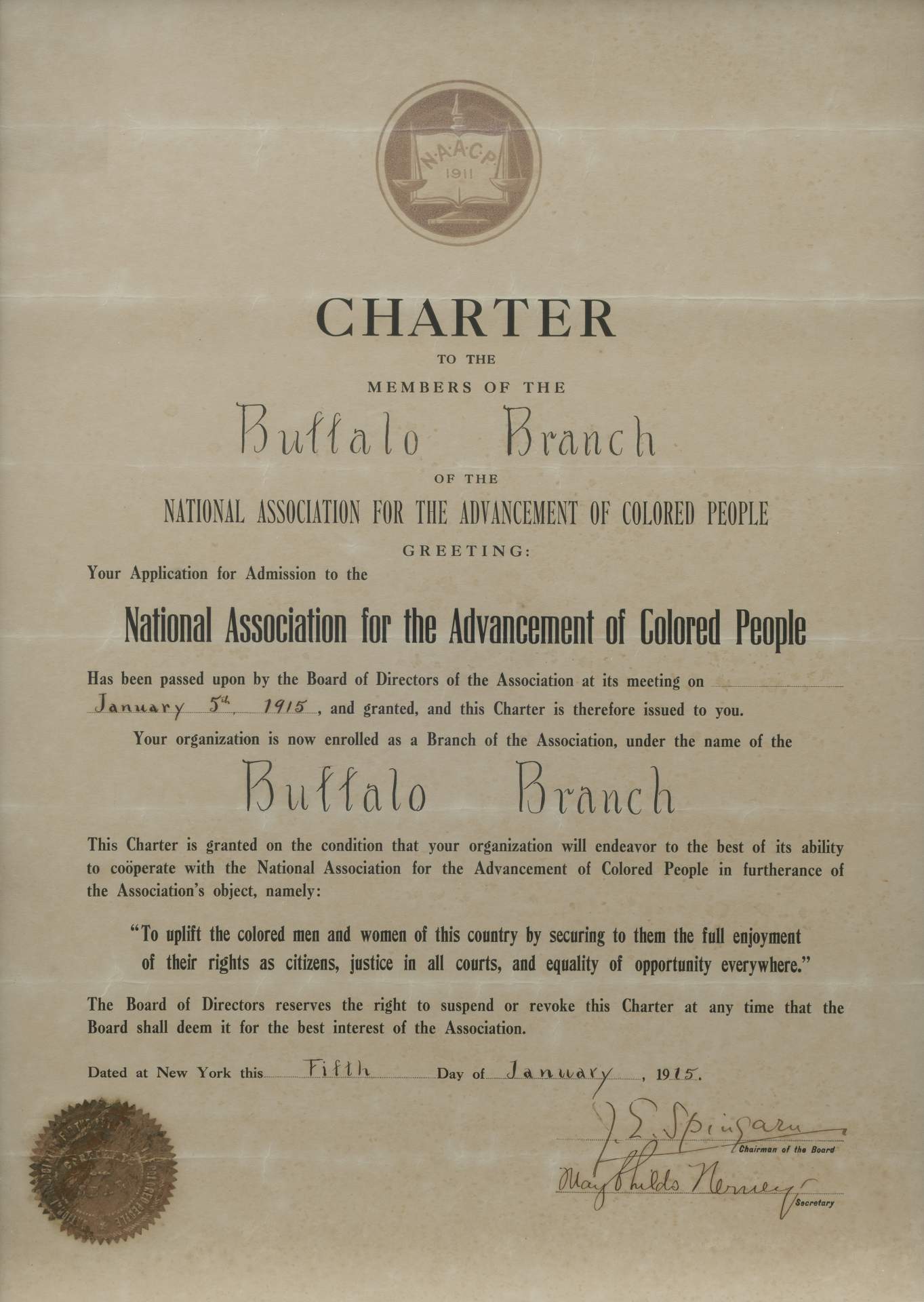 Charter to the Members of the Buffalo Branch of the National Association for the Advancement of Colored People