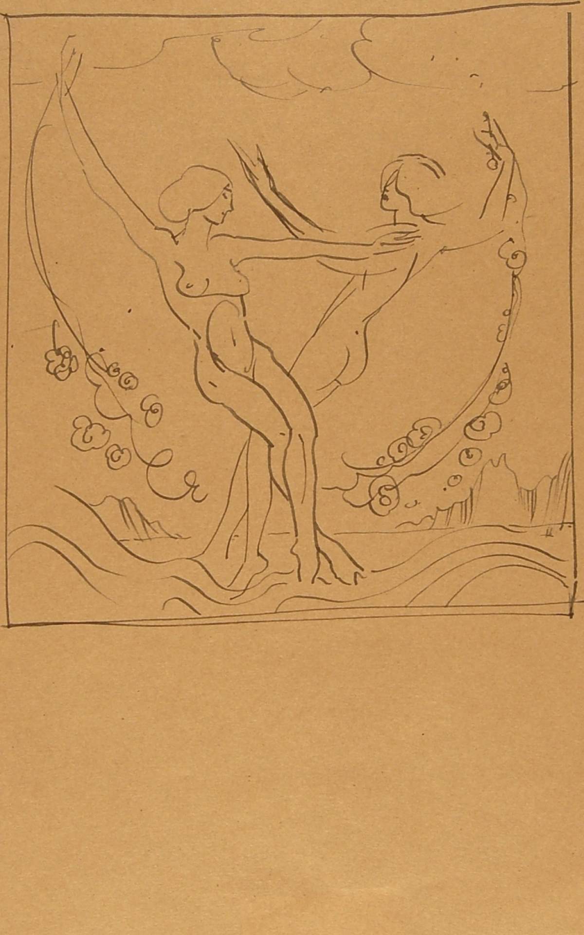 Two Dancing Female Nudes with Strings of Garland in Landscape