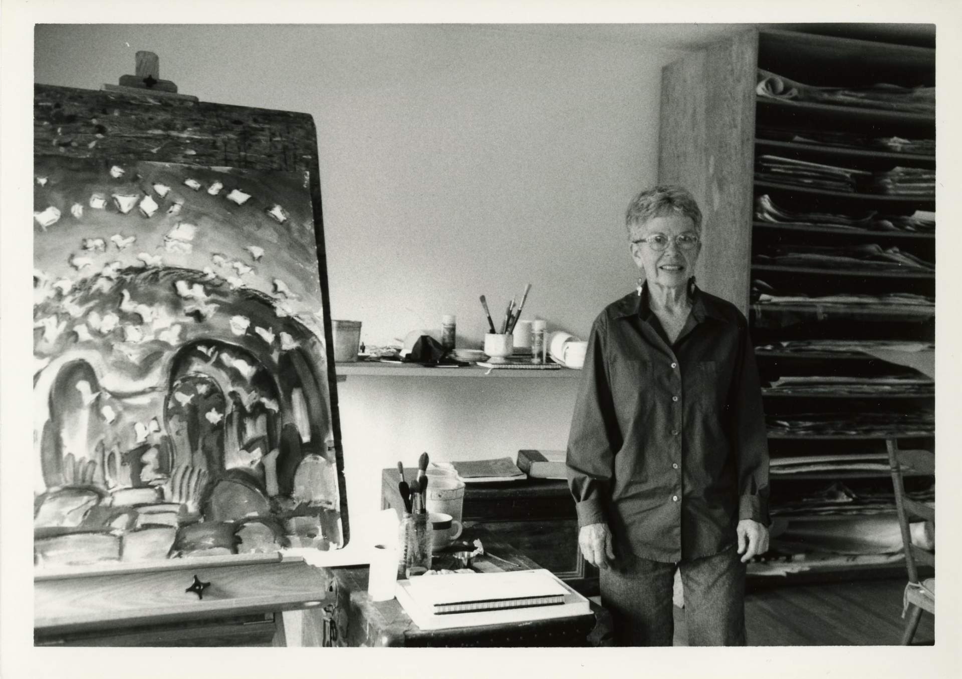 Black and white photograph of Catherine B. Parker in her studio (2).