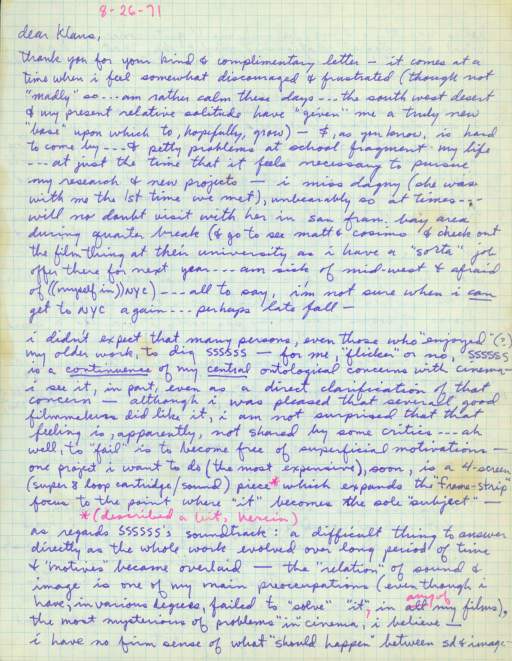 Untitled (handwritten letter to Klaus Kertess, head of the Bykert Gallery)