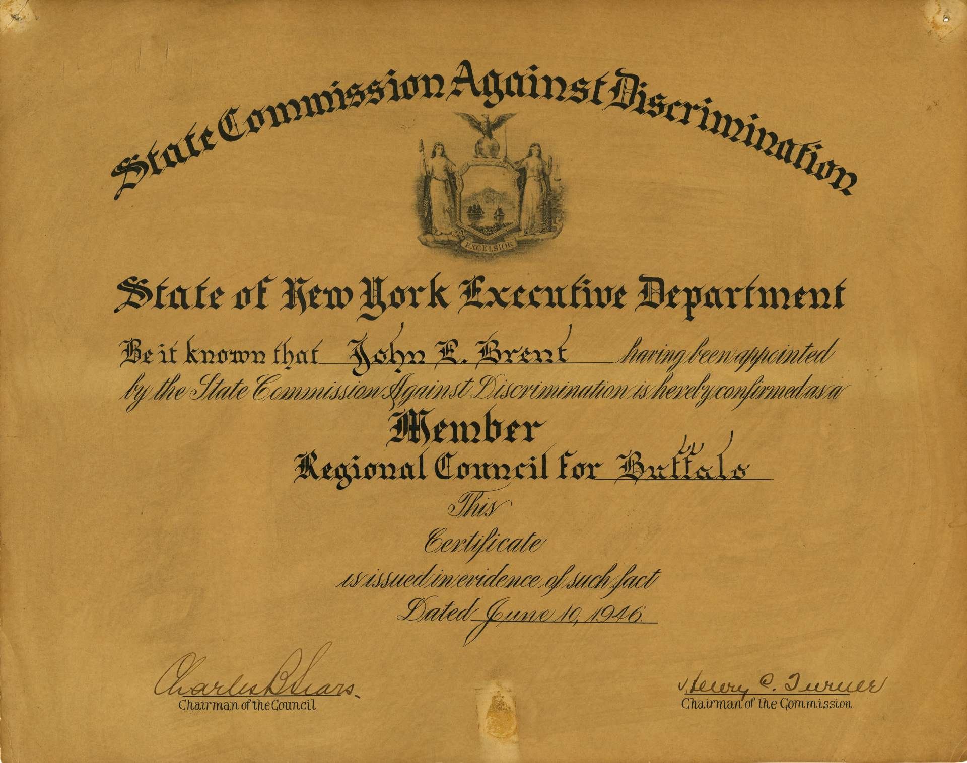 State Commission Against Discrimination, Regional Council for Buffalo Membership Certificate issued by the State of New York Executive Department
