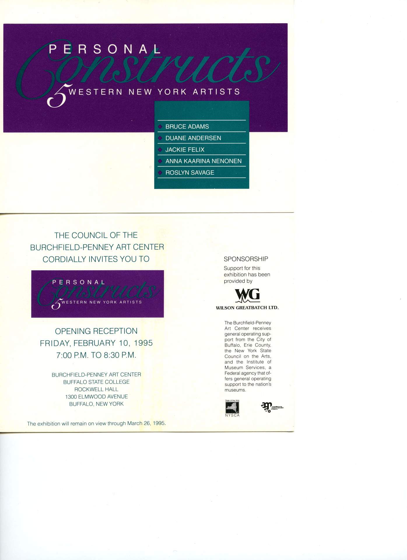 "Personal Constructs Opening Reception invitation" front and back