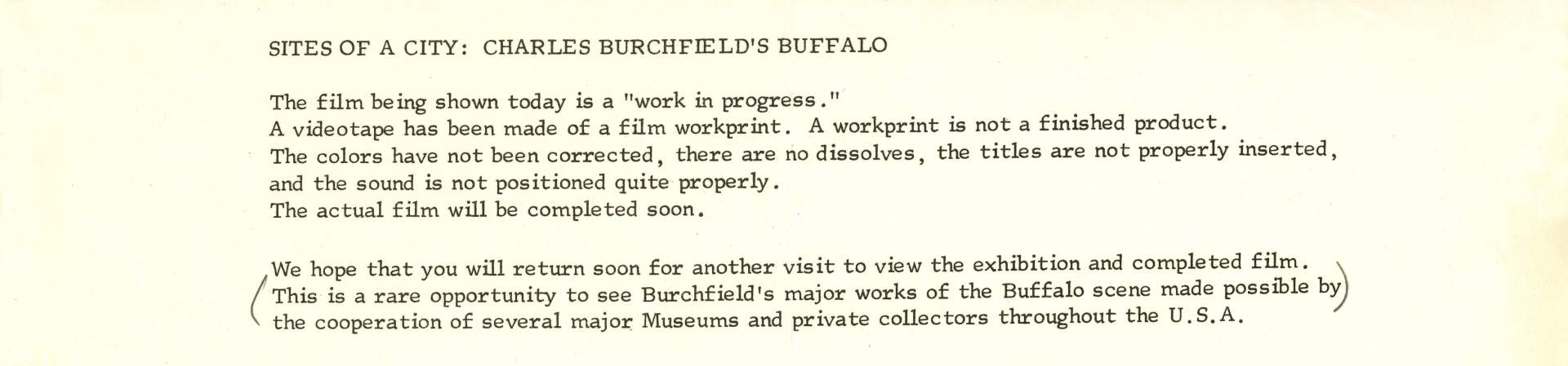 "Sites Of A City: Charles Burchfield's Buffalo" 1976 Film Text