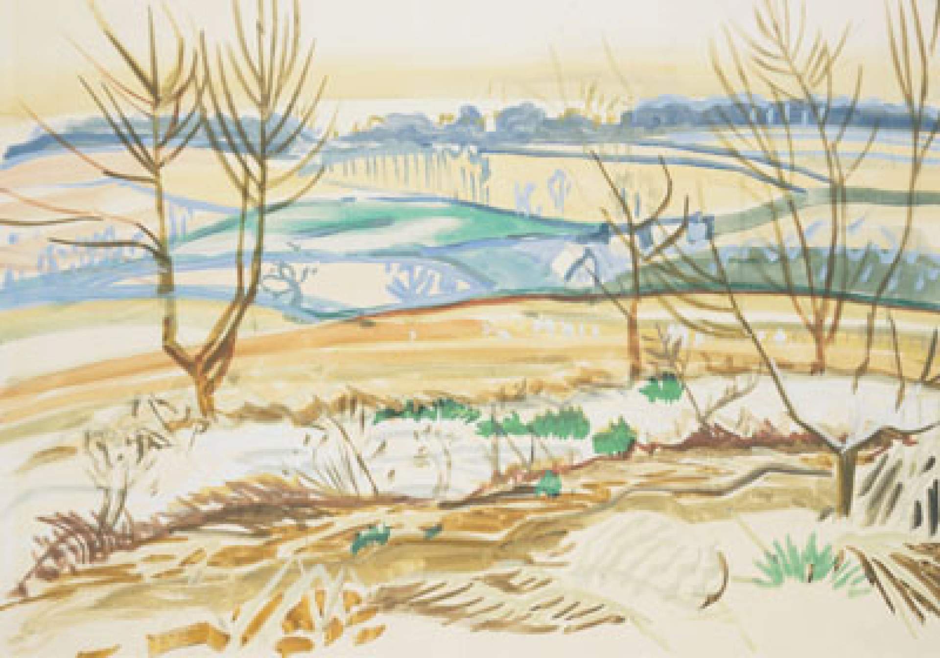 Untitled [Landscape with snow, dormant trees, and pond]