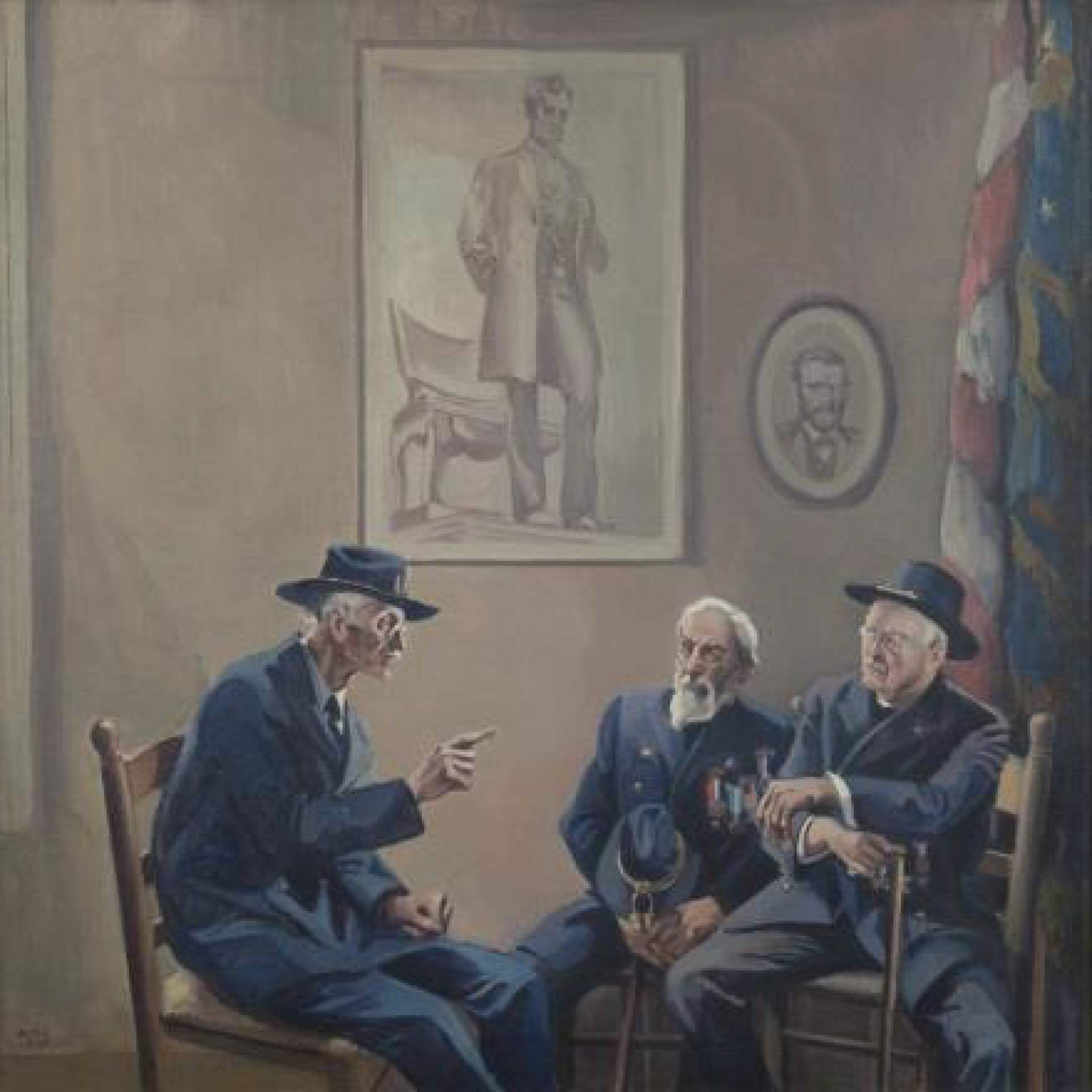 Untitled (3 civil veterans with portrait of Lincoln and Grant in background)