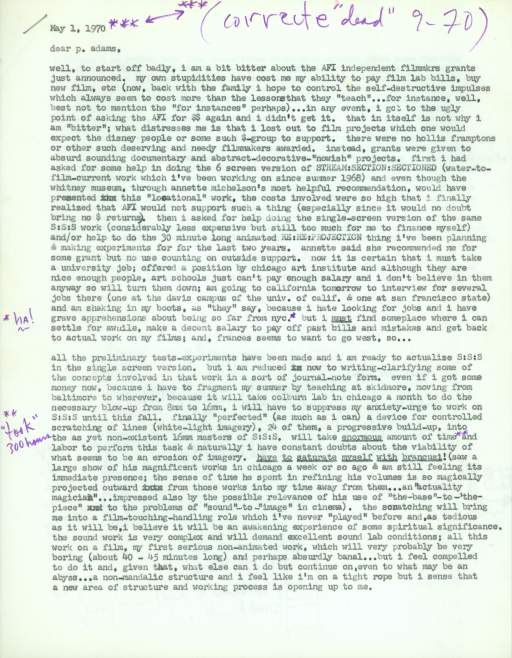 Untitled (pg 1, photocopied typed letter to "p.adams" with handwritten notes)