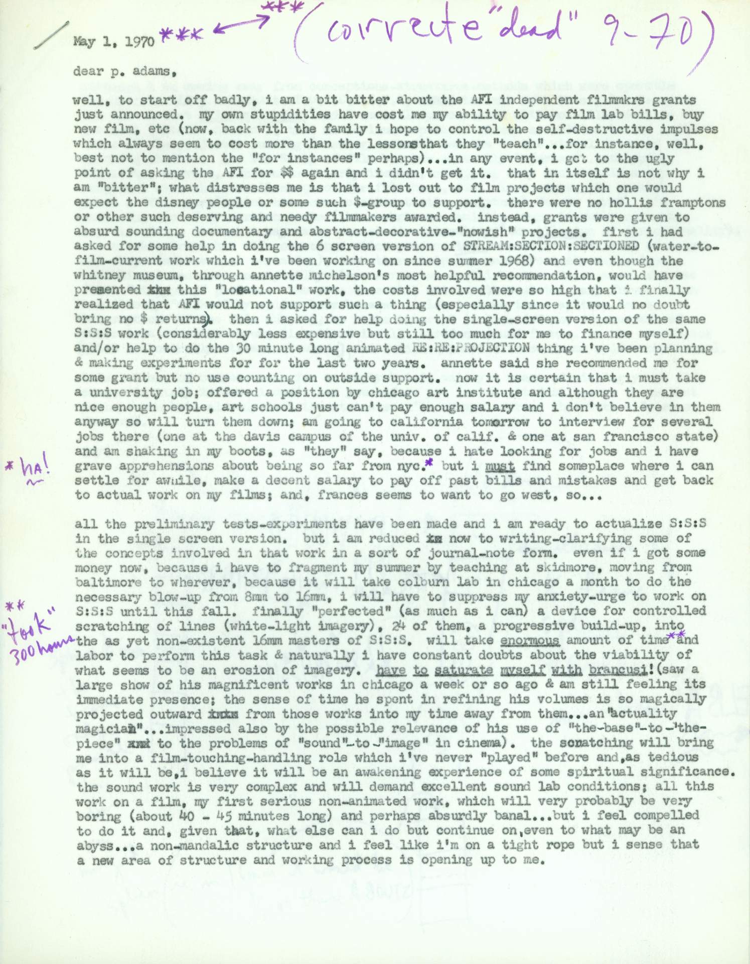 Untitled (pg 1, photocopied typed letter to "p.adams" with handwritten notes)