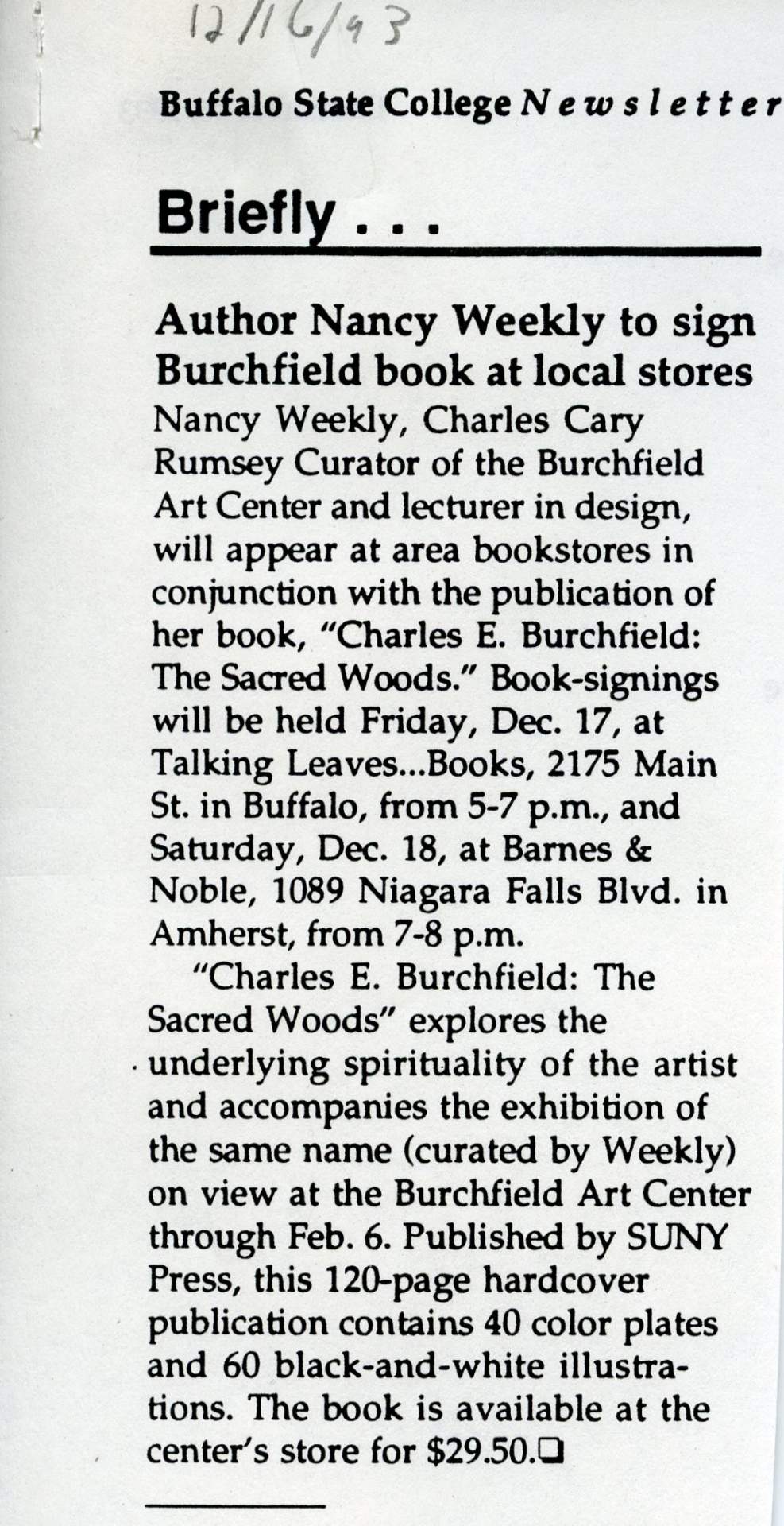"Author Nancy Weekly to Burchfield book at local stores"