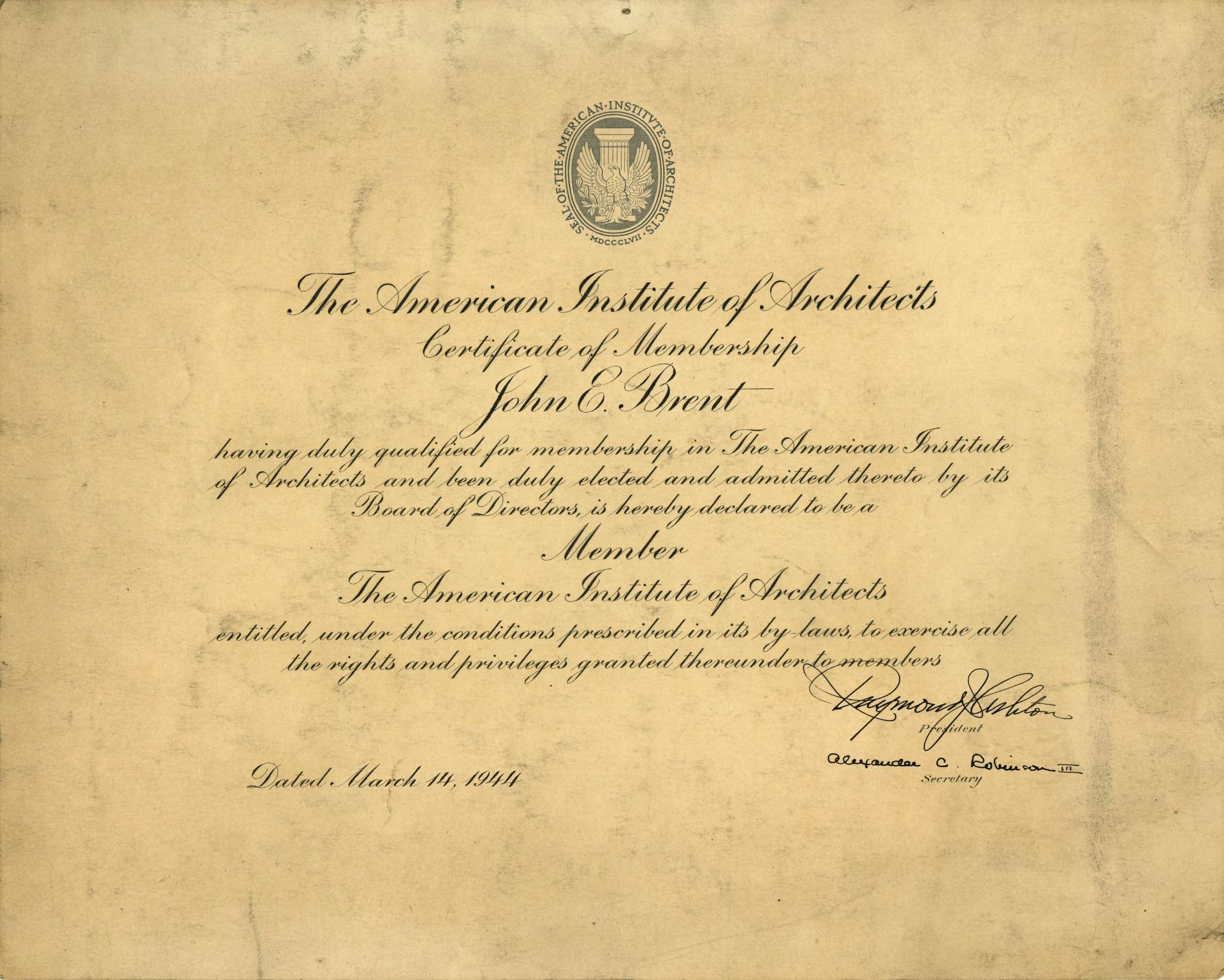 Certificate of Membership in The American Institute of Architects
