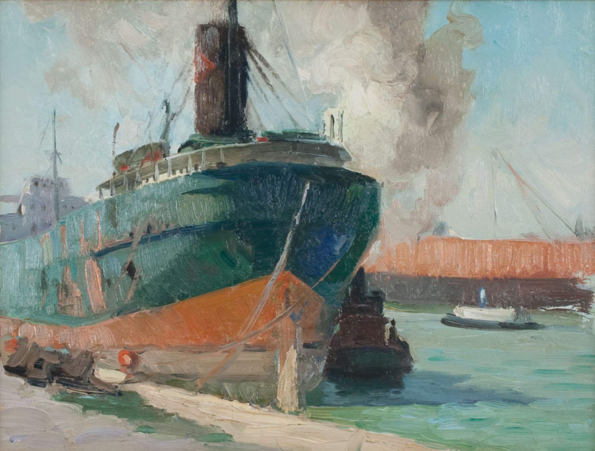 Untitled [Ship with tugboats in Buffalo Harbor]